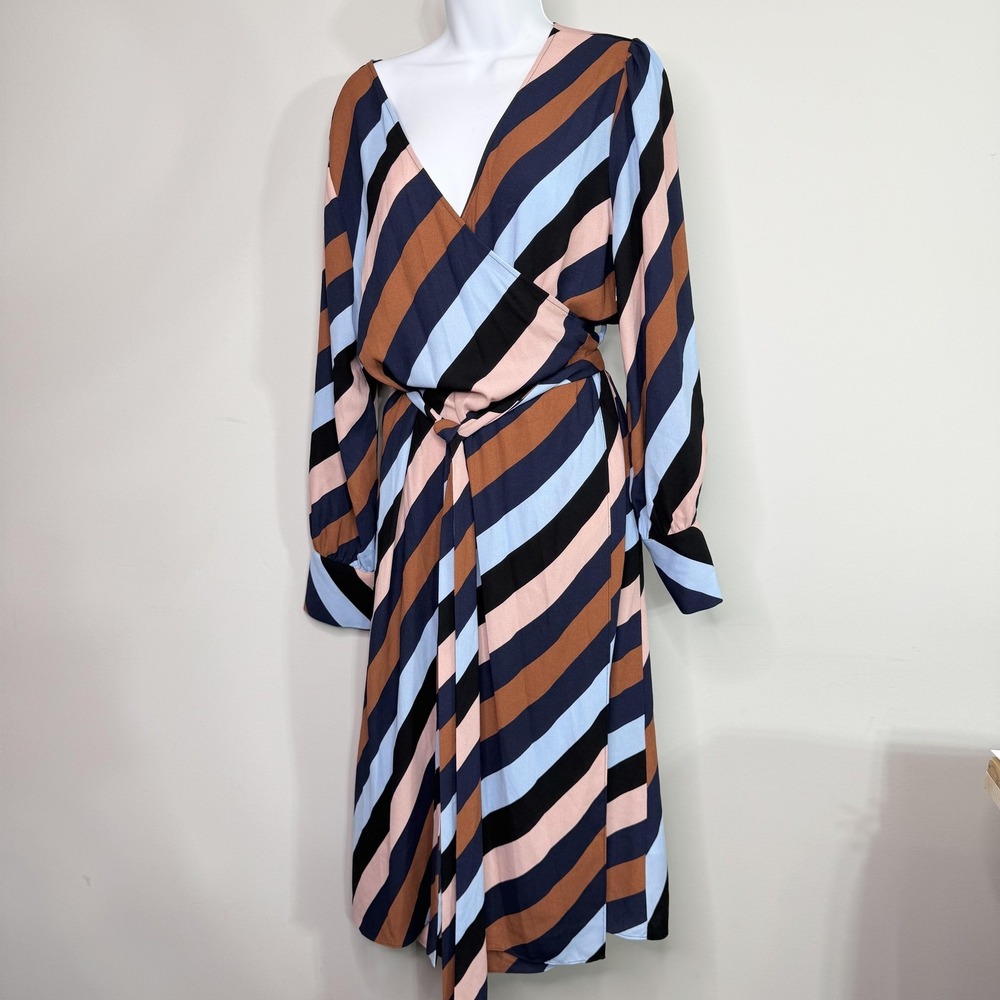 Halogen Dress Womens XL Multicolor Stripe Long Sleeve Belted Wrap Midi Polyester